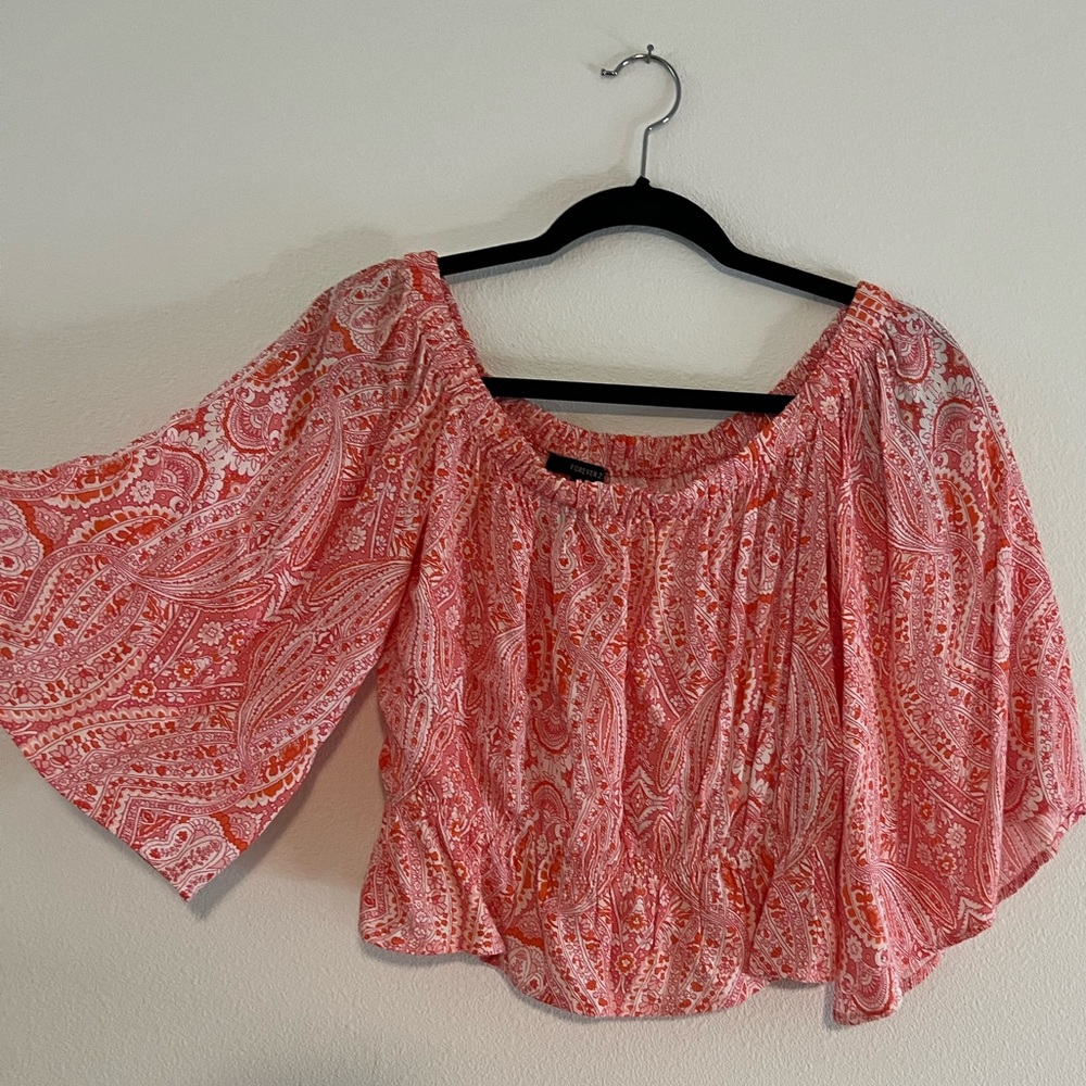 Orange Flowy Spring Summer Crop Top Blouse Paisley Off Shoulder Pattern Shirt